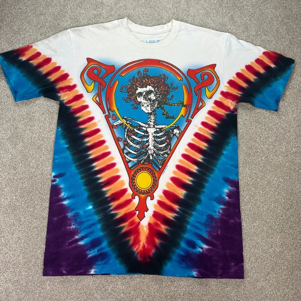 Grateful Dead Liquid Blue Tie Dye T Shirt Steal Your Face Skeleton Roses‎ Medium